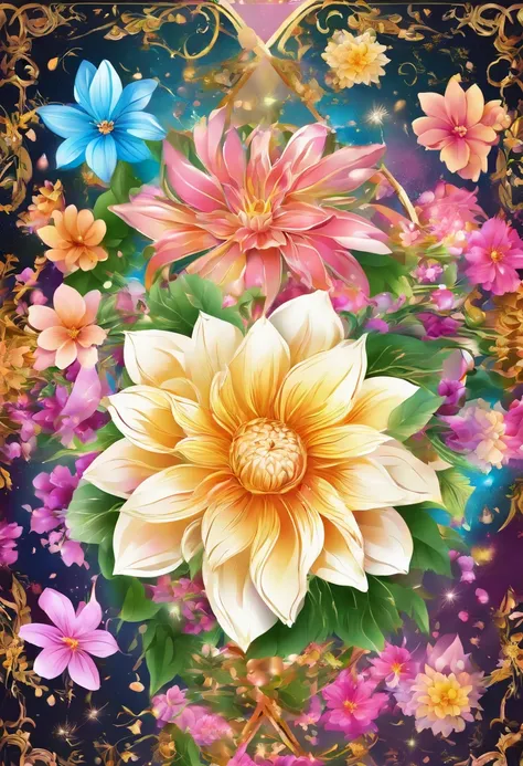 Digital art detailed for the best masterpieces, Highest Quality, with sparkling delicate yellow and pink dahlia flowers with elegant leaves,、Flowers against the background of colorful diamonds, Graceful stems, And delicate, And elegant, flowey, Glittering ...