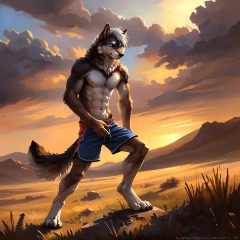 ((Solo)), male people, anthro wolf, (Multi-colored fur, White-brown:1.3), ((Wolf face, White hair, Big eyes, White eyelids, Blue pupil, Slim:1.2) (Tough, Calm expression:1.2)), Abs, Slim, pinging)), (Correct anatomy), (Work shorts:1.1), (Contour bone:1.2),...