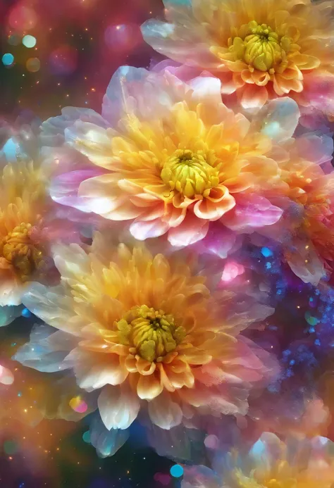 Digital art detailed for the best masterpieces, Highest Quality, with sparkling delicate yellow and pink dahlia flowers with elegant leaves,、Flowers against the background of colorful diamonds, Graceful stems, And delicate, And elegant, flowey, Glittering ...