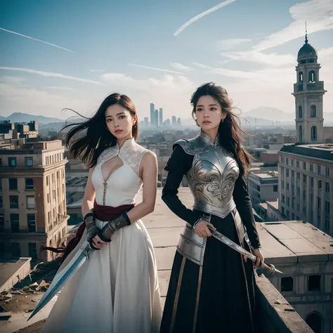 ((Two Women, Stand on top of an abandoned building, close-up, Realistic)) true-to-life visuals, artistic refinement, seductive beauty, dramatic contrasts, 8K Wallpapers, absurdity, incredible absurdity, golden armour, Gadasin Taigao Danfusheng, (holding a ...