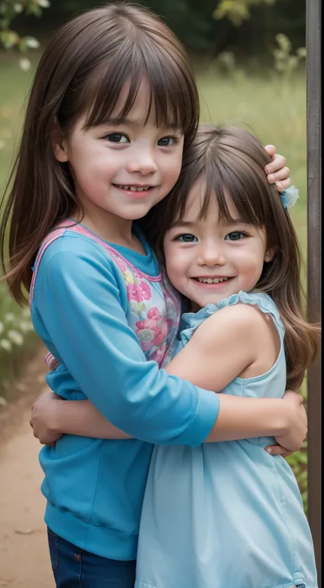 Raw pictures, 4k, very realistic, super realistic, super hi-res, high resolution, vibrant color, very detailed color, detailed tone, detailed composition, haselblad camera, 300mm lens, 5 years girl hugging toddler, family photo, smile, laugh, sibling