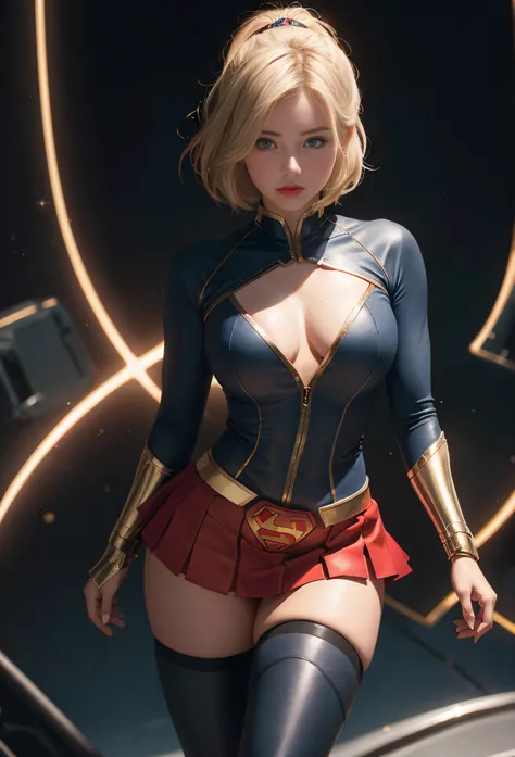 4k, realistic, charismatic, very detailed, there is a girl in the sky, dressed in a super girl costume, she is a super girl, superhero theme, blonde short hair, ponytail, 20 years, full body, (detail in the eyes), (detail in the face), incredibly beautiful...