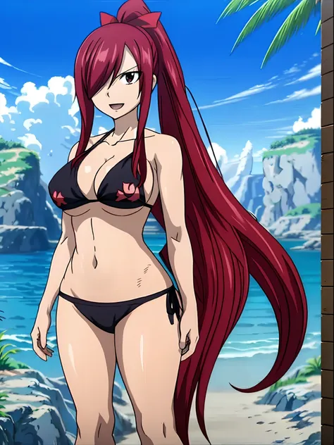 masterpiece, anime style, beach, best quality, highres, fairy tail, 1girl, long hair, ponytail, reddish hair, (bang cover one eye, one hidden eye, brown eye), large breasts, collarbone, midriff, black bikini, standing, outdoors, smile, open mouth, emo hair...