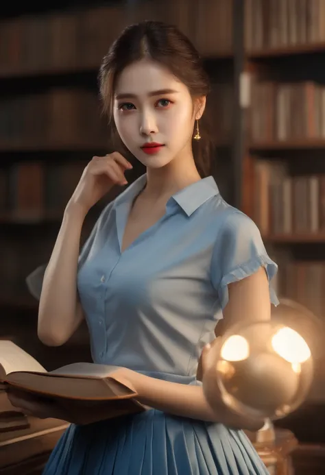 ​masterpiece、top-quality、超A high resolution、(Photorealsitic:1.4)、beautiful  lighting、RAW Photography、8k UHD、hyperdetailed face、Realistic lightning、beautiful a girl、Sweet girl、((Wearing a blue shirt and a long pleated skirt))、library、longshot、full of shynes...