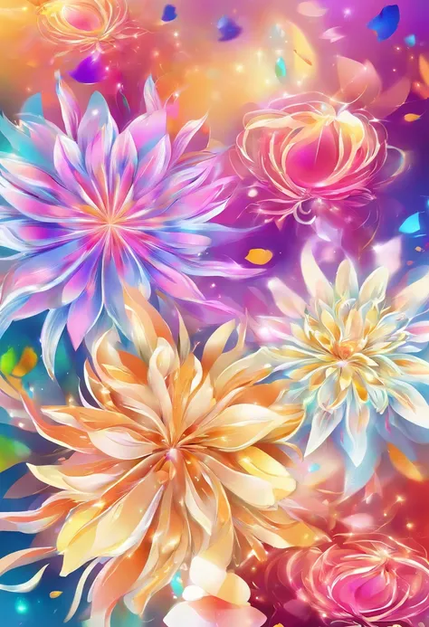 Digital art detailed for the best masterpieces, Highest Quality, with sparkling delicate yellow and pink dahlia flowers with elegant leaves,、Flowers against the background of colorful diamonds, Graceful stems, And delicate, And elegant, flowey, Glittering ...