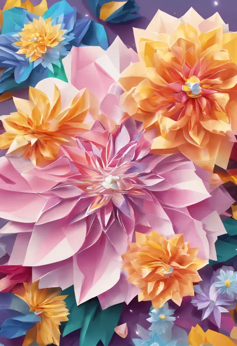 Digital art detailed for the best masterpieces, Highest Quality, with sparkling delicate yellow and pink dahlia flowers with elegant leaves,、Flowers against the background of colorful diamonds, Graceful stems, And delicate, And elegant, flowey, Glittering ...