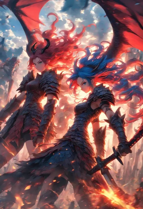 2 girls in armor with long sword, Blue and red hair fight against devils with, Dragon-like wings hinder clouds and forest, UHD, masterpiece, anatomically correct, high details, super detail, textured skin, best quality, 8k