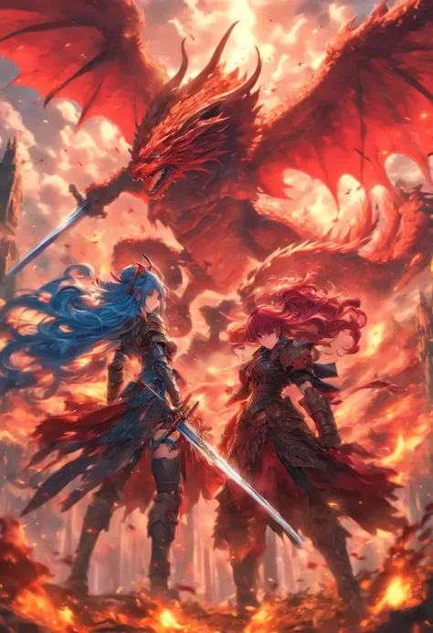 2 girls in armor with long sword, Blue and red hair fight against devils with, Dragon-like wings hinder clouds and forest, UHD, masterpiece, anatomically correct, high details, super detail, textured skin, best quality, 8k