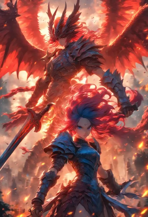 2 girls in armor with long sword, Blue and red hair fight against devils with, Dragon-like wings hinder clouds and forest, UHD, masterpiece, anatomically correct, high details, super detail, textured skin, best quality, 8k