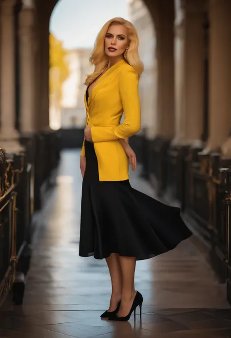 A woman who is，Yellow hair，Wear a suit top，Black hip skirt to the knee，Black heels，slim toned body，4K,Positive perspective