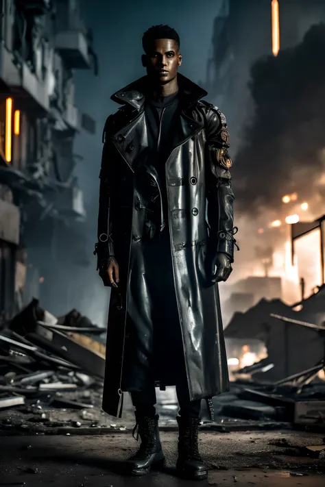 In a dystopian wasteland, a mysterious figure with cybernetic enhancements emerges. Their eyes glow with neon intensity as they stand amidst rubble, a gritty symbol of rebellion. Show us their worn leather trench coat, jagged mechanical limbs, and a powerf...