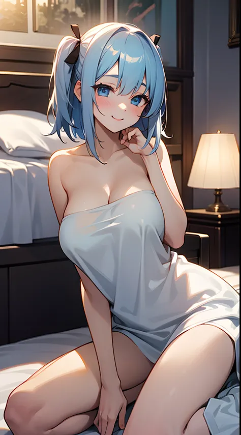 1 girl, game CG, naked, blanket, string hair ribbon, gigantic breasts, light blue hair, middle hair, two side up, blue eyes, bedroom, on the bed, sitting, happy,