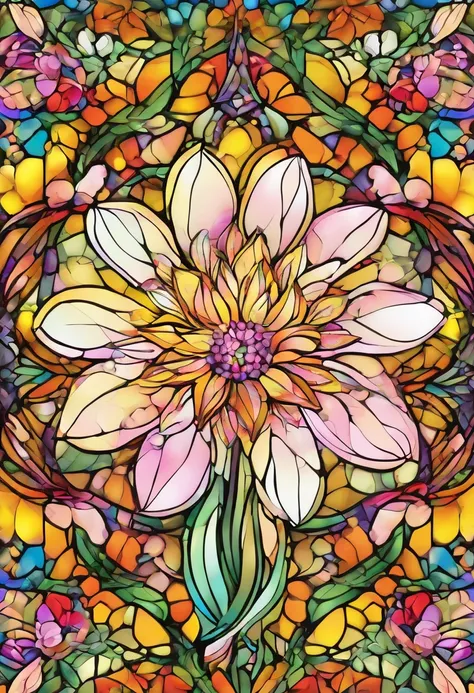 Digital art detailed for the best masterpieces, Highest Quality, with sparkling delicate yellow and pink dahlia flowers with elegant leaves,、Against the background of multicolored diamonds, Graceful stems, And delicate, And elegant, flowey, Glittering peta...