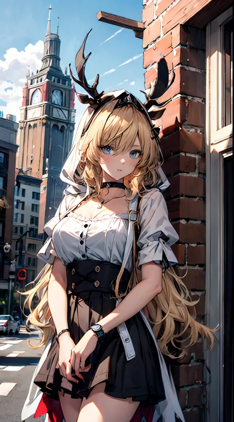 (((Masterpiece))),(incredibly_absurderes),(Best quality),(A high resolution),(Highly detailed),((CG unity 8k wallpaper))，Best quality at best，tmasterpiece，1girll，blond hairbl，messy  hair，curly_Hair，The shirt，a skirt，kawai，JK，Red_bow，Wrist watch，choker neck...