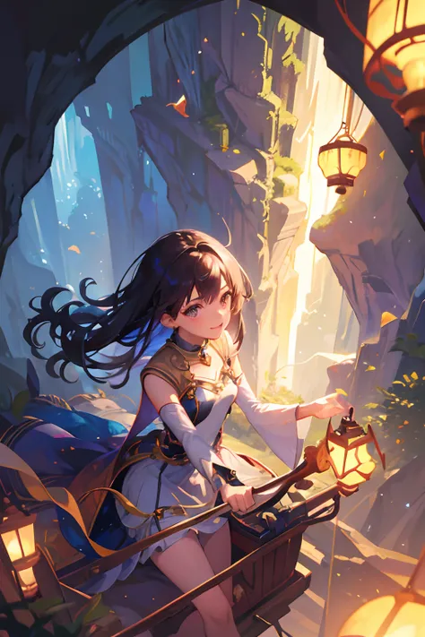 Create exquisite illustrations reminiscent of Makoto Shinkais style, It has ultra-fine details and top-notch quality. Create an illustration of a fantastical and nostalgic cave exploration scene where a minecart, with a young girl aboard, is traversing alo...