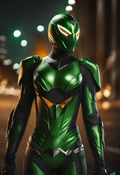 (Best Quality, hight resolution:1.2), Ultra-detailed, Realistic:1.37, Vibrant colors, Female Kamen Rider，Bird motifs，The symbol is the wind，Green based on image color，orange line，Sentai Hero，Woman，Kamen Rider，Cover the entire face，Full Face Mask，Mask remin...