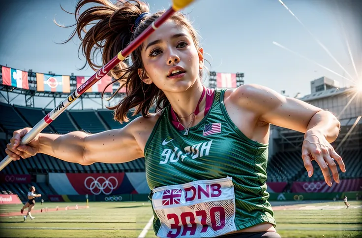 chubby female athlete in a red and black cropped tank top throwing a javelin, olympic event , stunning image, underboobs, big saggy boobs, heavy boobs, けもの, olympic event, olympic stadium in 1984, background off-focus, add_detail:1