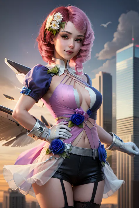 masterpiece, best quality, alisab, multicolored hair, hair flower, dress, cleavage, detached sleeves, white gloves, short shorts, asymmetrical legwear, mechanical wings, cowboy shot, looking at viewer, rooftop, skyscraper, city skyline, blue sky, looking a...