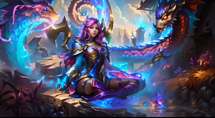 Anime girl sitting on a rock with a dragon in the background, Irelia, Irelia de League of Legends, Ahri, Samira de League of Legends, League of Legends arte splash, Arte de League of Legends, Arte conceitual de League of Legends, Retrato de Ahri, Serafim A...