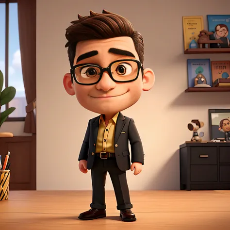 Cute small 38-years-old male investor , huge head, shot Undercut hair , wearing Round gold thin frame glasses, highly detailed eyes，front-facing, fit, looks like a boss, full body view, highly detailed hands ，Toy figures,best quality, 3d cartoon，full body ...