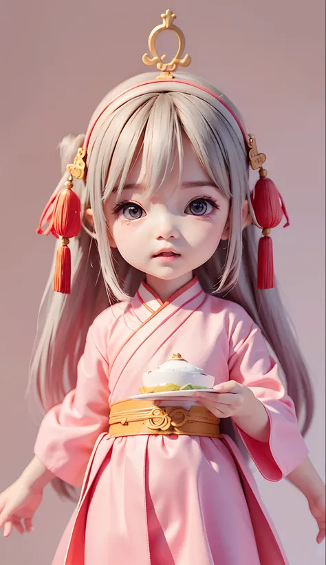 Portrait, a cute baby girl, eat a food, cute eyes, Chinese classicist character illustration, flat illustration, Song dynasty style, minimalism, Lively pink clothes,  Traditional chinese minimalism, clean backgroud, Qiu ying style