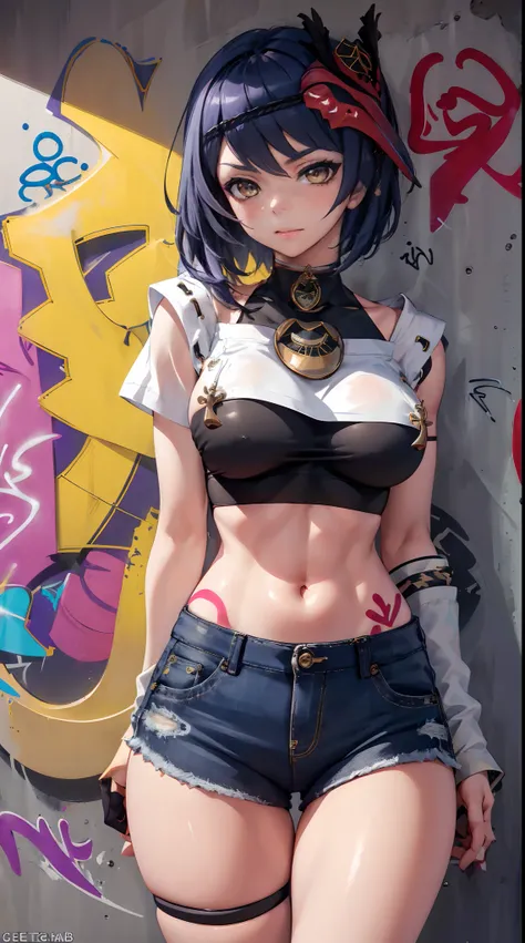 Kujou Sara Genshin Effect, masterpiece, bestquality, 1girls, oversized breasts, bara, crop top, shorts jeans, choker, (Graffiti:1.5), Splash with purple lightning pattern., arm behind back, against wall, View viewers from the front., Thigh strap, Head tilt...