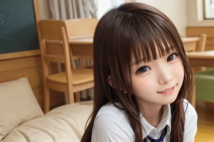 1４Year old woman、soio、brown haired、beautidful eyes、real looking skin、A detailed eye、hi-school girl、(8K、​masterpiece)、(reallistic、Photorealsitic)、top-quality、realisitic、ighly detailed、The ultra-detailliert、Beautie、cute little、独奏、japanes、a smile、Close-up por...