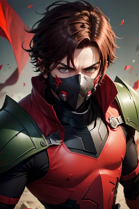 Red black  Black Red Gauntlets pro Hero mask 
brown hair Black combat boots Male light green eyes