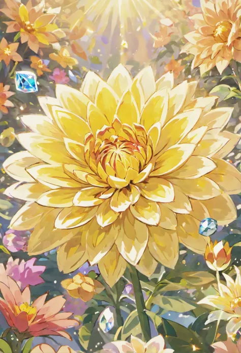 Digital art detailed for the best masterpieces, Highest Quality, bright delicate yellow and pink dahlia flowers with elegant leaves,１only、Against the backdrop of beautiful and elegant diamonds, Graceful stems, And delicate, And elegant, flowey, Glittering ...