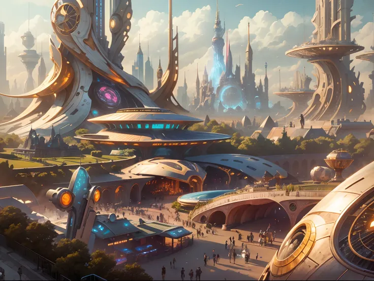 A futuristic cityscape known as Tomorrowland, Featuring an impressive fantastic design building，Silver abounds , Gold and bronze, and cyborgs strolling the streets.