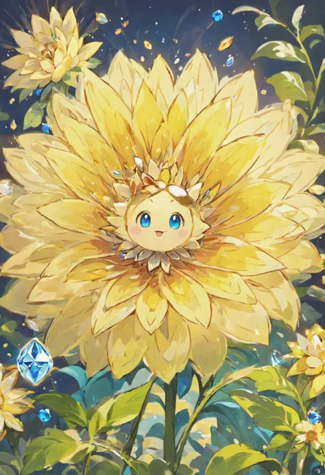 Digital art detailed for the best masterpieces, Highest Quality, bright delicate blue and yellow dahlia flowers with elegant leaves,１only、Against the backdrop of beautiful and elegant diamonds, Graceful stems, And delicate, And elegant, flowey, Glittering ...