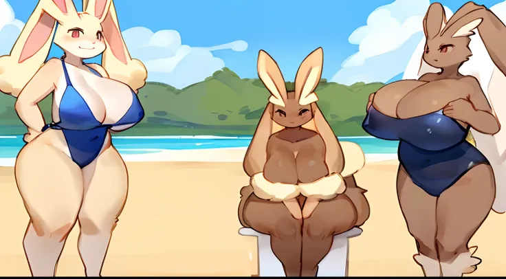 lopunny, anthro, 1girl, big breast, big thighs, topless swimsuit, tits, by bebebebebe