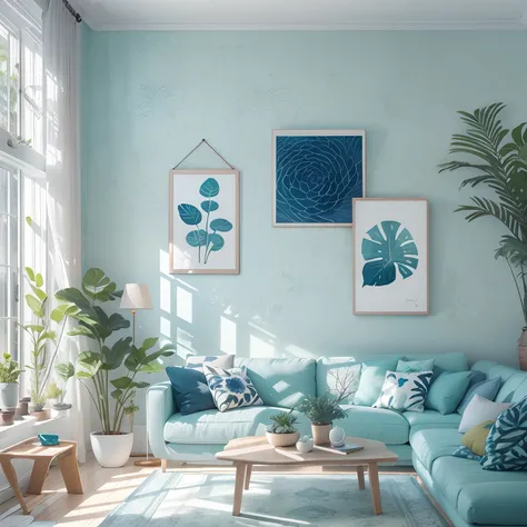 modern living room, blue and white color , plants,  morning sunshine, masterpiece, best quality.