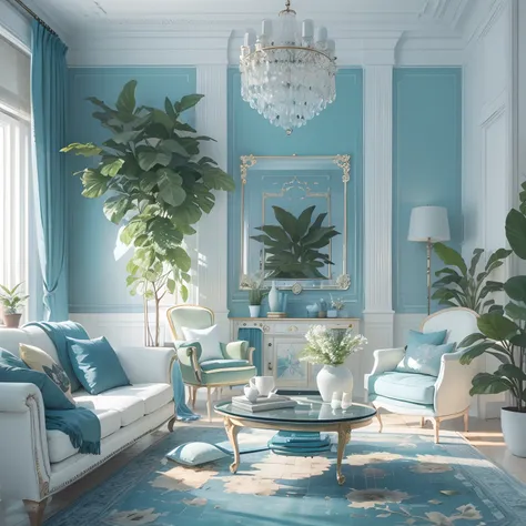 modern living room, blue and white color , plants,  morning sunshine, masterpiece, best quality.