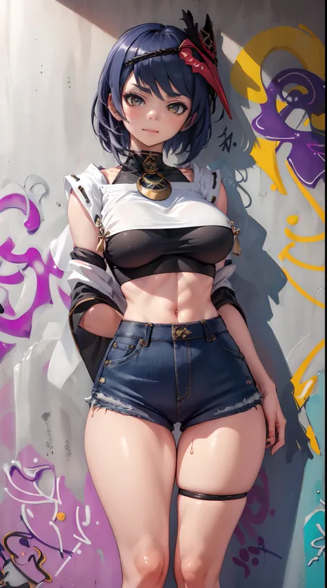 Kujou Sara Genshin Effect, masterpiece, bestquality, 1girls, oversized breasts, bara, crop top, shorts jeans, choker, (Graffiti:1.5), Splash with purple lightning pattern., arm behind back, against wall, View viewers from the front., Thigh strap, Head tilt...