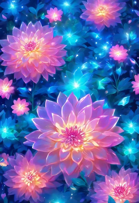 Digital art detailed for the best masterpieces, Highest Quality, bright delicate blue and pink dahlia flowers with elegant leaves,１only、Against the backdrop of beautiful and elegant diamonds, Graceful stems, And delicate, And elegant, flowey, Glittering pe...