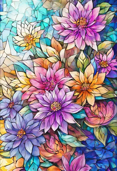 Digital art detailed for the best masterpieces, Highest Quality, bright delicate blue and pink dahlia flowers with elegant leaves,１only、Against the backdrop of beautiful and elegant diamonds, Graceful stems, And delicate, And elegant, flowey, Glittering pe...