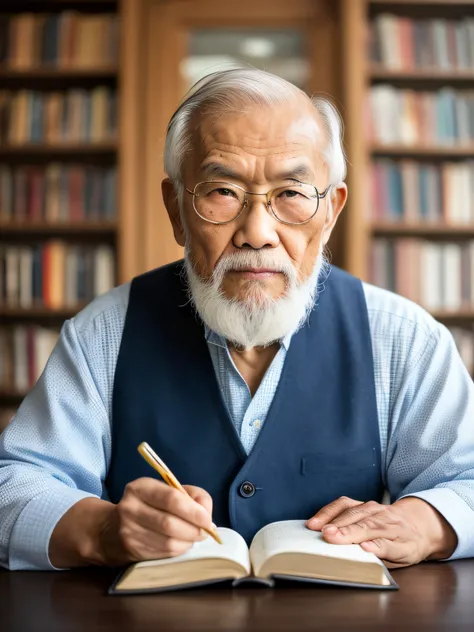 Hyper-Resolution, Ultra photo realsisim, cinema shot, Vignette, Portrait of an 80-year-old Asian man，Look at the viewer，An elderly Asian man，Books in hand,Spiritual elderly,Single image，Thin and thin, Old blue eyes, Short white hair, Bookshelf background，W...