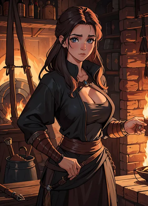 Um retrato de 1 mulher de cabelos castanhos, Shes a sexy blacksmith in a forge with cleavage and boobs, usando trajes medievais em um RPG de arte medieval, uma arte de detalhes brutos; ((cabelos muito longos)) ((pelos marrons)) ((cabelos castanhos))