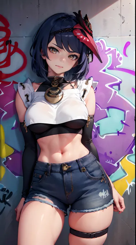 Kujou Sara Genshin Effect, masterpiece, bestquality, 1girls, oversized breasts, bara, crop top, shorts jeans, choker, (Graffiti:1.5), Splash with purple lightning pattern., arm behind back, against wall, View viewers from the front., Thigh strap, Head tilt...