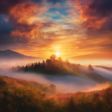 sunraise, suns, beam of light, hilltop, Cloud fog, UHD, retina, masterpiece, ccurate, super detail, high details, high quality, award winning, best quality, highres, 16k