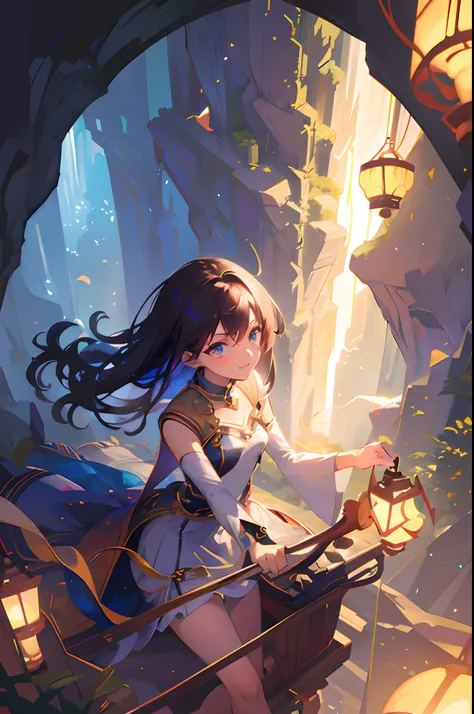 Create exquisite illustrations reminiscent of Makoto Shinkais style, It has ultra-fine details and top-notch quality. Create an illustration of a fantastical and nostalgic cave exploration scene where a minecart, with a young girl aboard, is traversing alo...