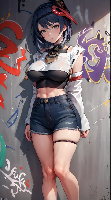 Kujou Sara Genshin Effect, masterpiece, bestquality, 1girls, oversized breasts, bara, crop top, shorts jeans, choker, (Graffiti:1.5), Splash with purple lightning pattern., arm behind back, against wall, View viewers from the front., Thigh strap, Head tilt...