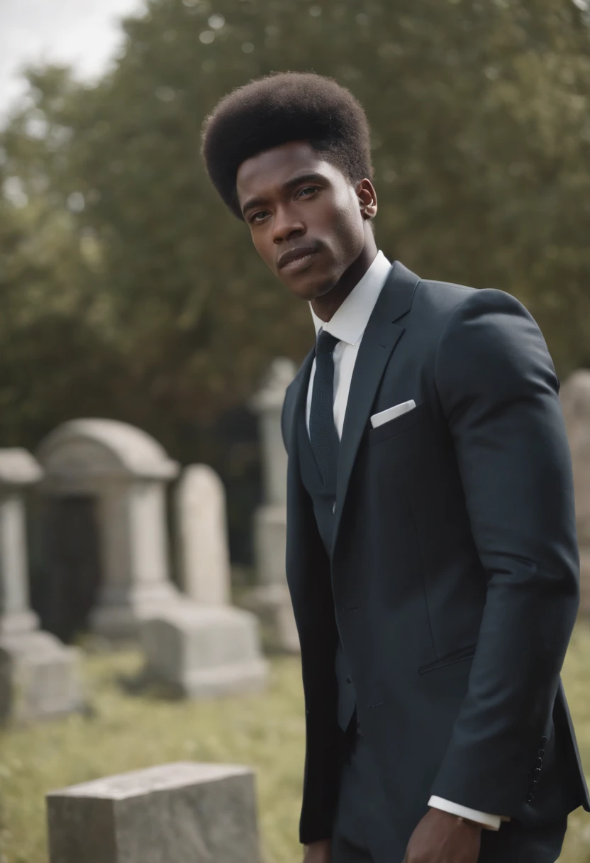 black man, black man with afro, black man on grave yard, black man in suit, light tinted skin, lots of hair, afro hair style, lots of hair on head,