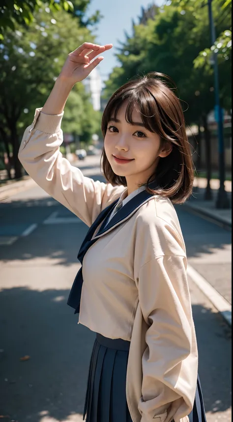 1girl,japanese,16years old,shy,in the park,(((japanese high school uniform))),huge breasts,brown hair,side pose,light smile,blunt bangs,portrait,short hair, Surrealism, Surrealism, Fujicolor, 8k, super detail, UHD, masterpiece, textured skin, super detail,...