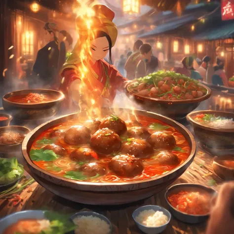 (best quality,4k,8k,highres,masterpiece:1.2),ultra-detailed,(realistic,photorealistic,photo-realistic:1.37),Indonesian meatball soup with savory beef balls, rich beef broth, aromatic spices,hot chili sauce, freshly chopped scallions, sprinkling of fried sh...