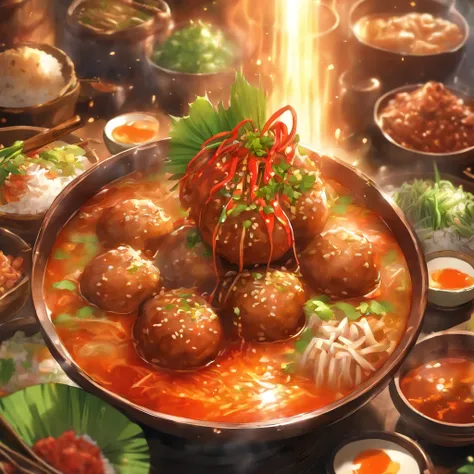 (best quality,4k,8k,highres,masterpiece:1.2),ultra-detailed,(realistic,photorealistic,photo-realistic:1.37),Indonesian meatball soup with savory beef balls, rich beef broth, aromatic spices,hot chili sauce, freshly chopped scallions, sprinkling of fried sh...