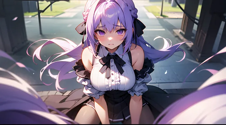 1 girl, game CG, frilled shirt that shows shoulders, short skirt, hair ribbon, gigantic breasts, light purple hair, long hair, french braid, purple eyes, pov, teary eyes, scary, school, outdoors,