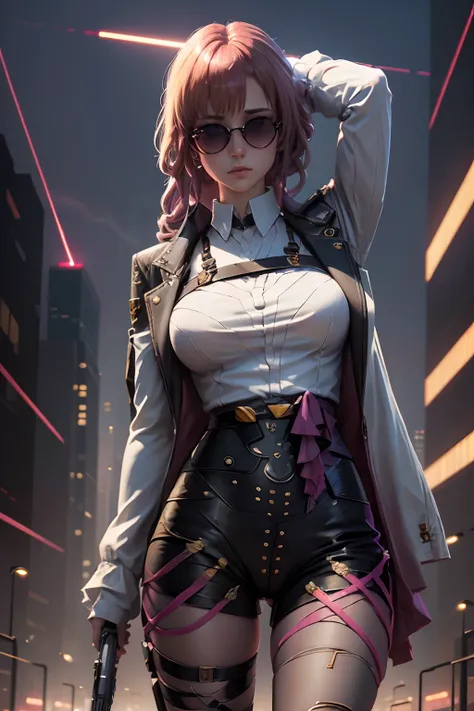 masterpiece, best quality, blonde hair, red eyes, sunglasses, light, realistic, photo, science_fiction, huge_filesize, in the cyberpunk city, steam, masterpiece,best quality,official art,extremely detailed CG unity 8k wallpaper, girl, solo, bishoujo, incre...