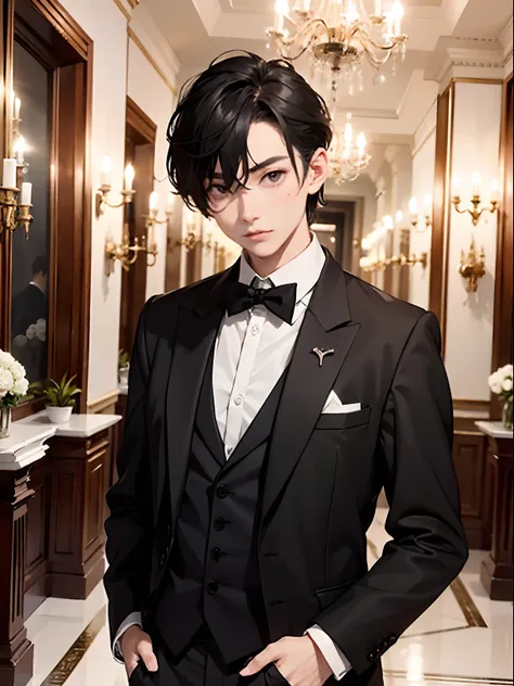 1boy,11 only、(Mans :2),(bobhair:1.5)、A dark-haired、Bright tuxedo、Inside a luxurious Western-style building、Luxurious chandeliers、beautiful  lighting、hightquality、masutepiece,8K,hight resolution、